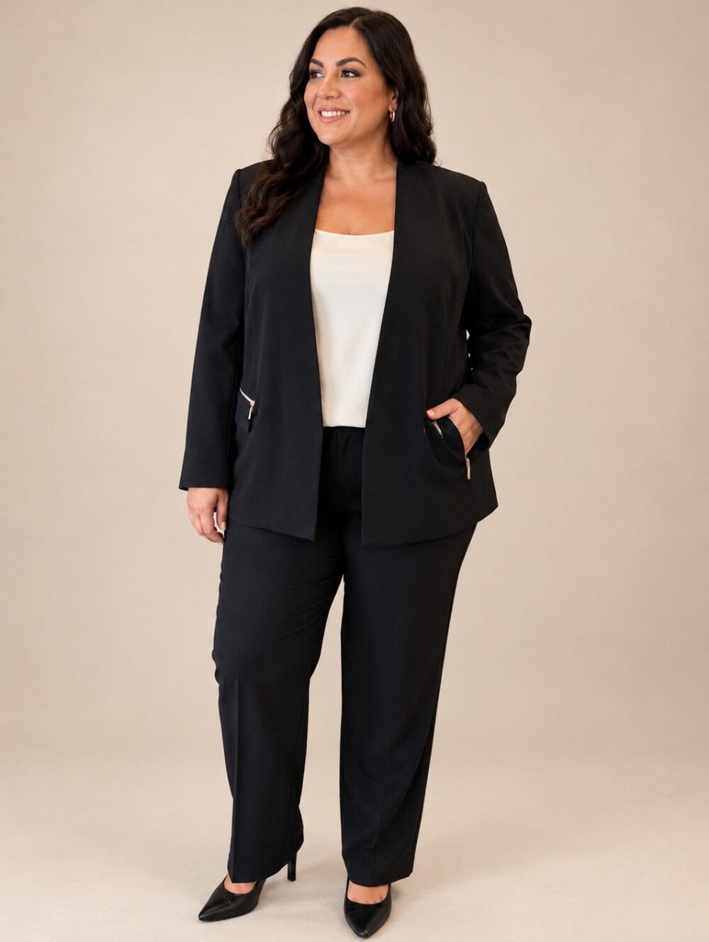 Robert Rodriguez Black "Sia" Collarless Blazer - Open Front Zip Pockets
